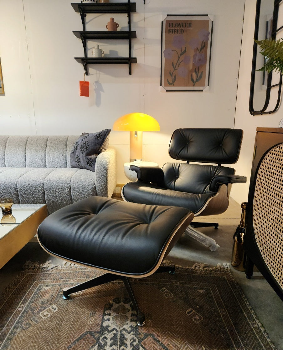 Iconic Lounge Chair and Ottoman - Rosewood & Black Leather