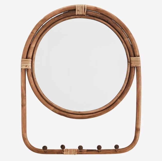 Mirror With Rattan Frame And Hooks