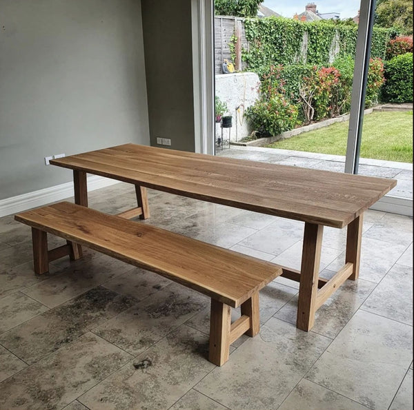 Solid Oak Farmhouse Dining Table / Matching Bench / Strachel A.F. S