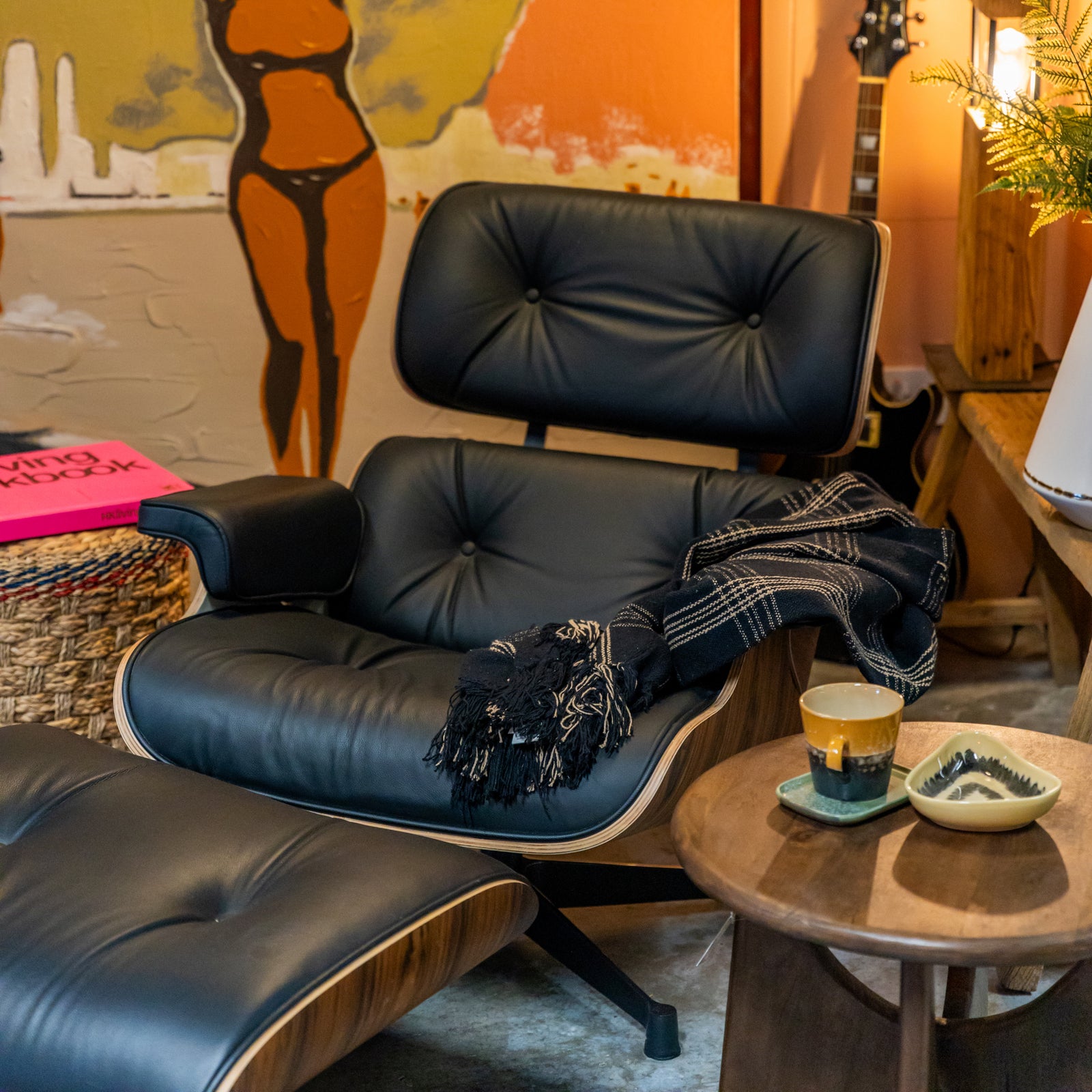 Iconic Lounge Chair and Ottoman - Rosewood & Black Leather