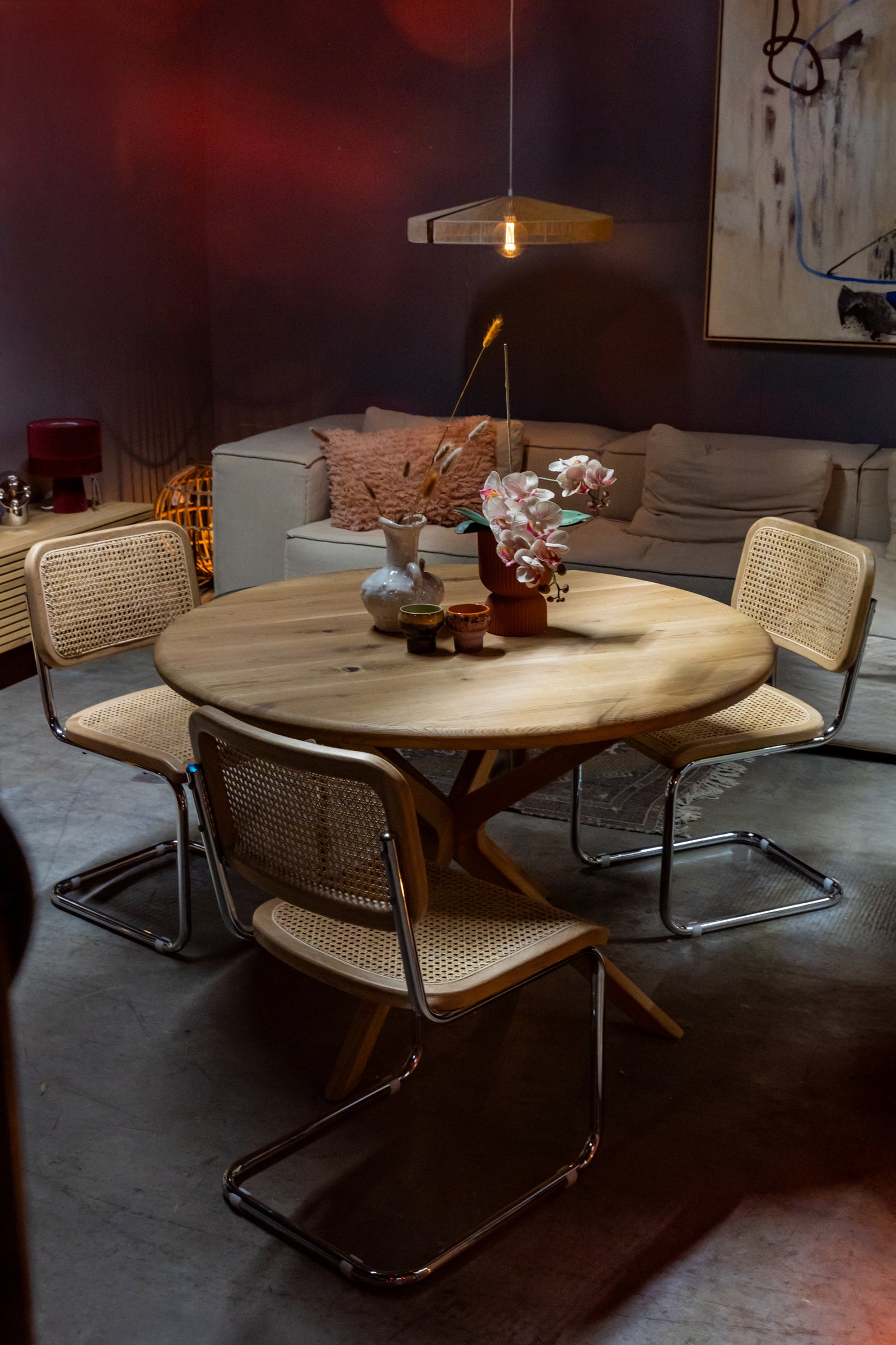 Solid Oak Round Dining Table by Strachel A.F. /  Slimline Oak Star Frame