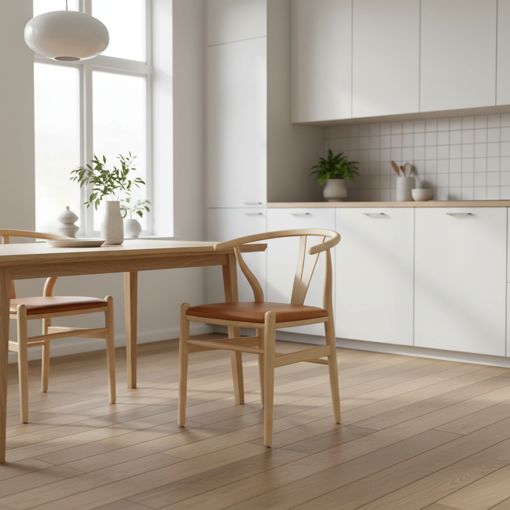 Hans J Wegner style Wishbone Chair - Natural / Tan Faux Seat