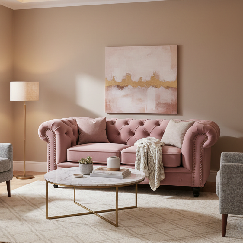 2 Seater Chesterfield Sofa Dusty Pink Velvet