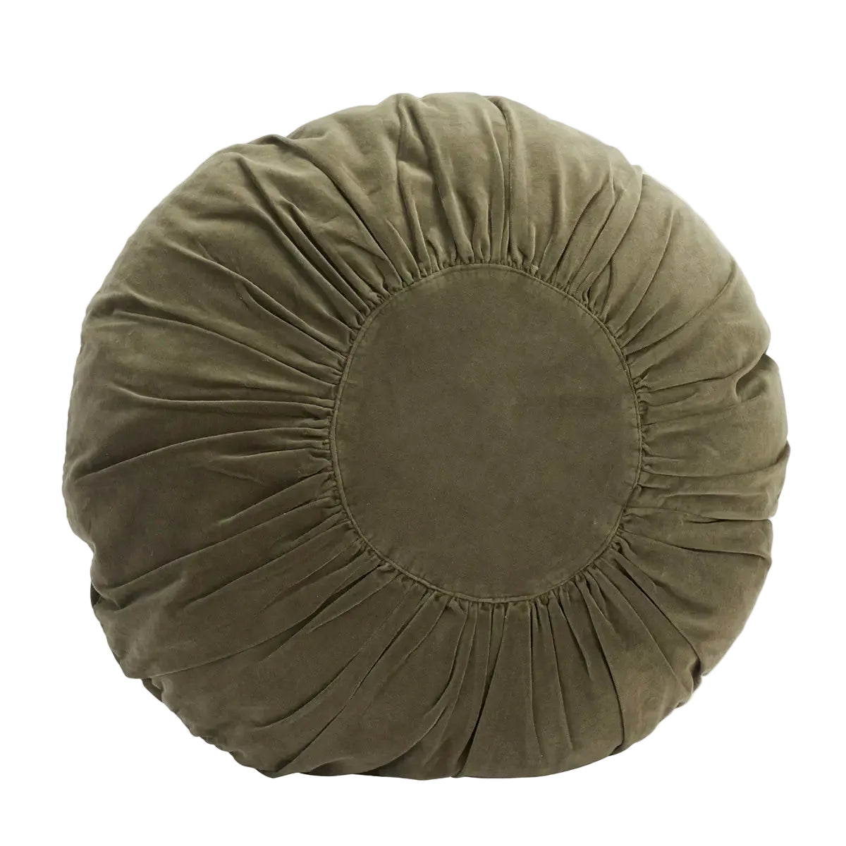 An olive green round floor cushion with a gathered, sunburst design and a smooth center panel, shown against a plain white background.