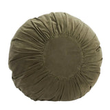 An olive green round floor cushion with a gathered, sunburst design and a smooth center panel, shown against a plain white background.
