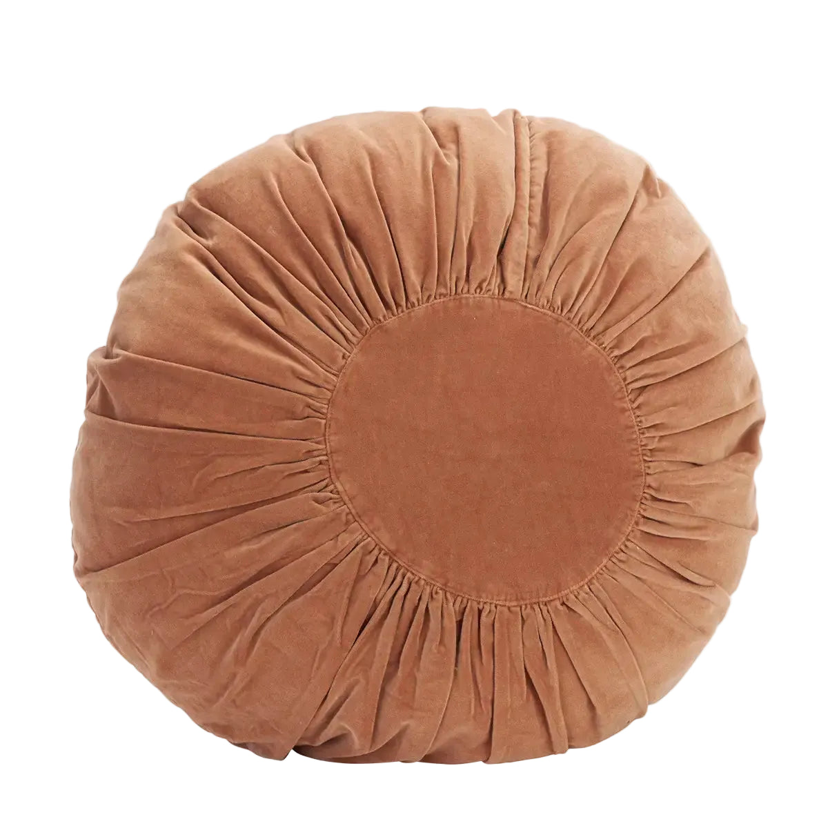 A round, sunburst-style floor cushion in a warm rust-brown velvet fabric, photographed against a clean white background.