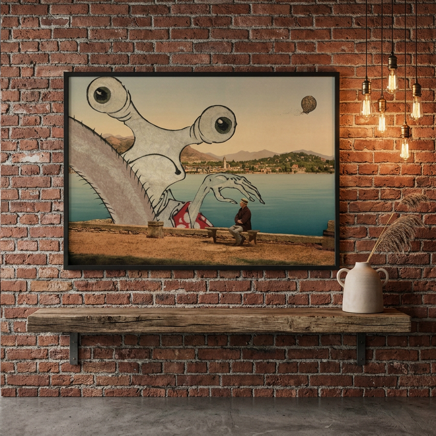 A framed surreal art print featuring a large stylized skull-like creature by a lake, displayed on a brick wall above a wooden bench in a loft-style room.