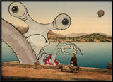 A surreal art print depicting a giant, stylized gray creature with large eyes and skeletal hands interacting with a man sitting on a bench by a lake, with mountains and a hot air balloon in the background.