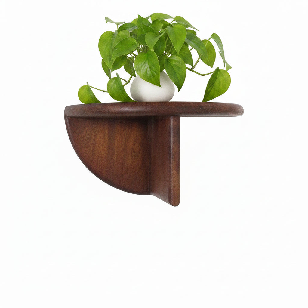 Wooden shelf with a curved design on a white background
