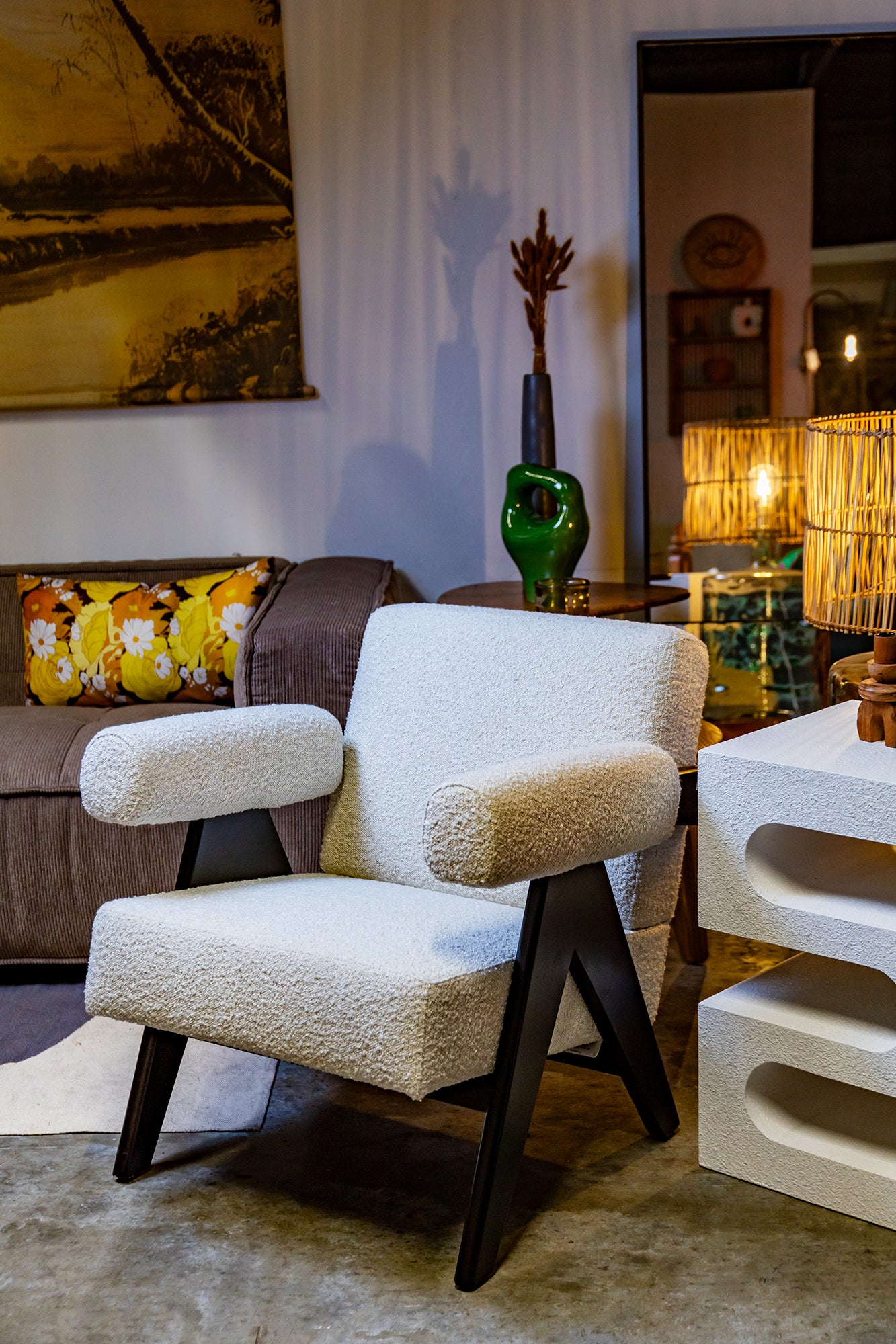 Pierre Jeanneret Style Easy Armchair White Boucle