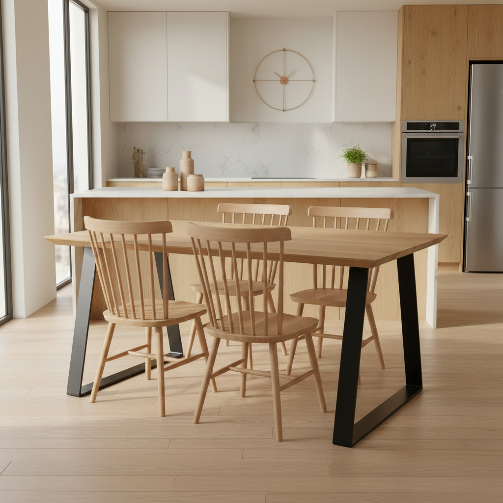 Solid Oak Dining Table Natural / Trapeze Frame Black / Tapered Edges