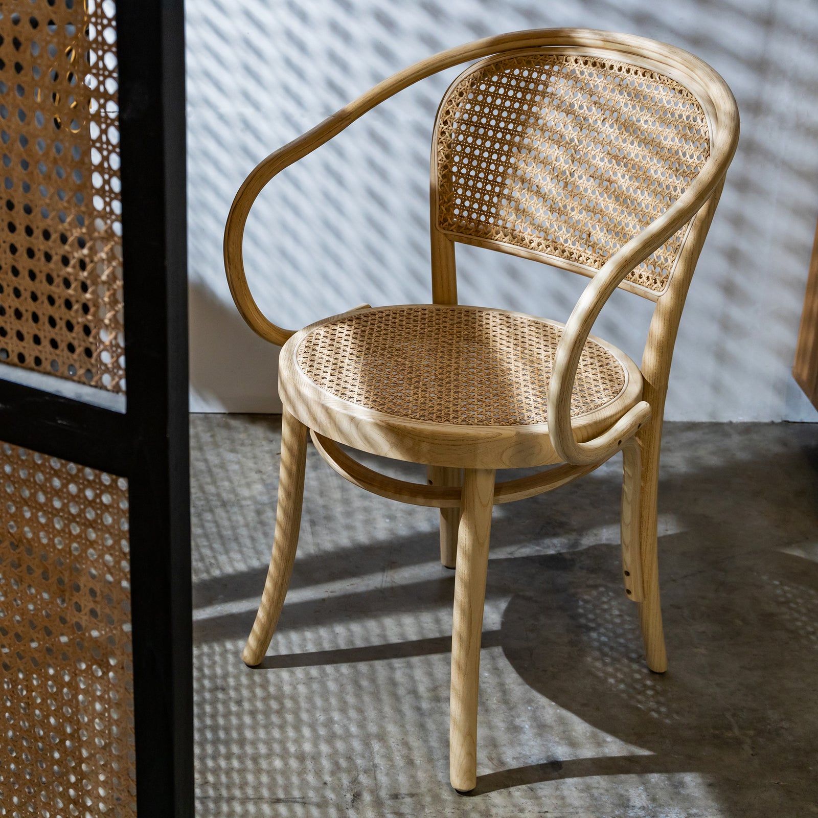 Wooden Round Bentwood Armchair With Rattan Back / Seat