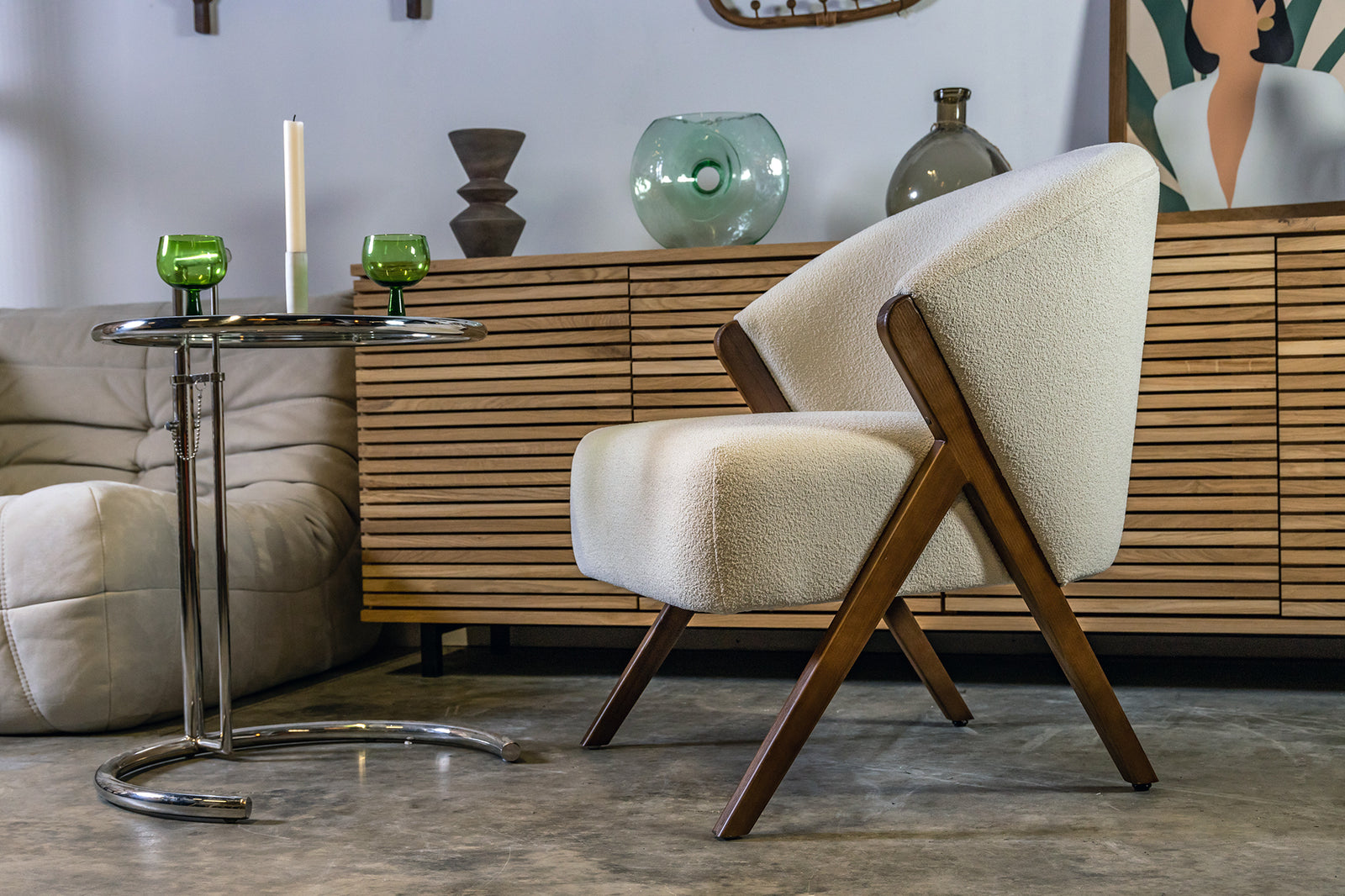 Sherpa Style Boucle Chair / Walnut Legs