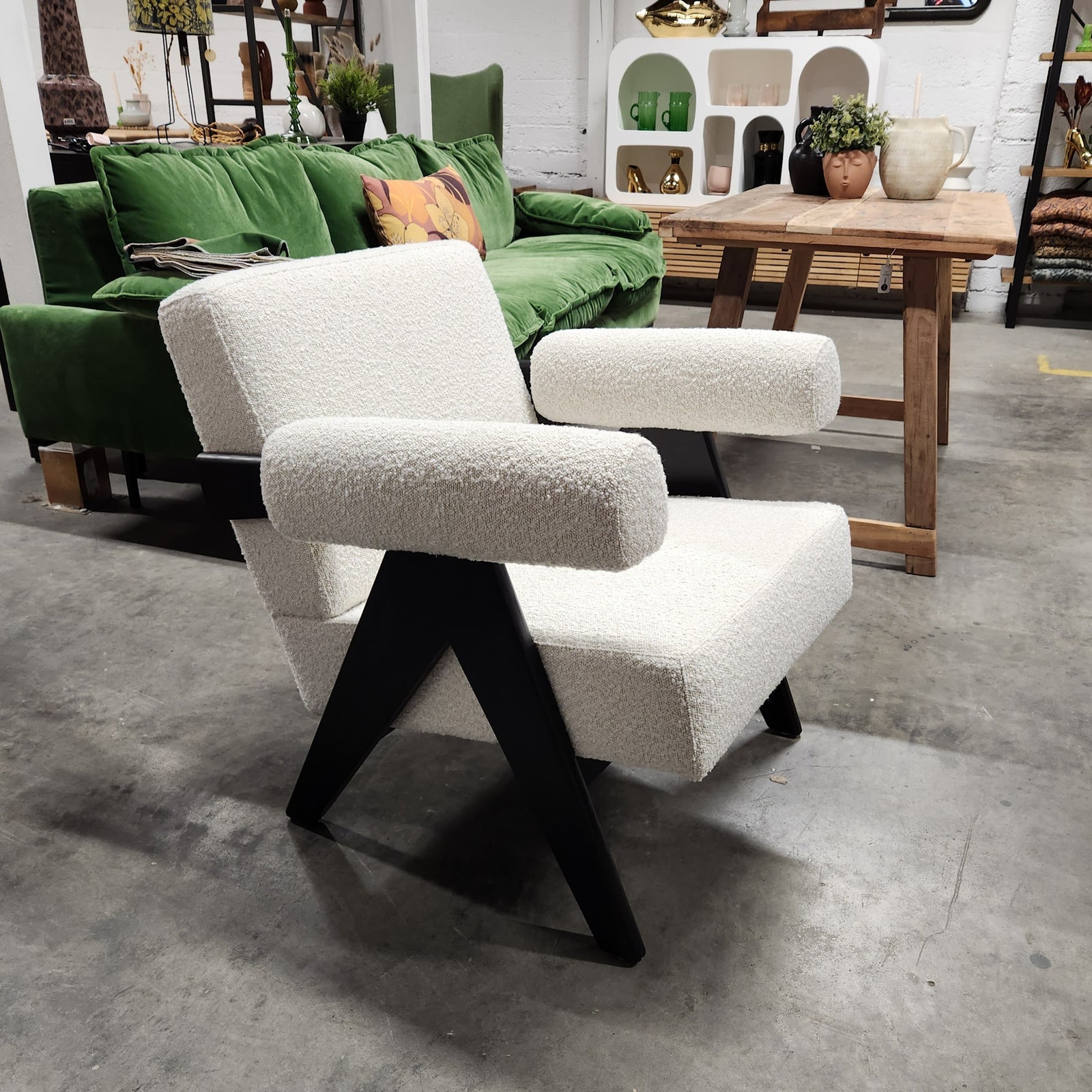 Pierre Jeanneret Style Easy Armchair White Boucle