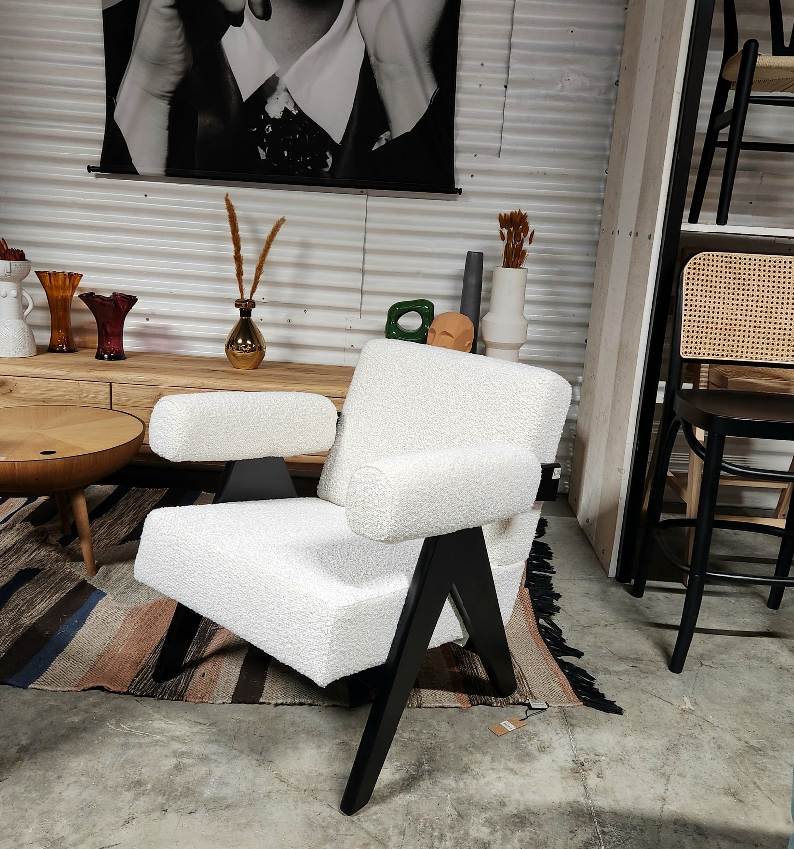Pierre Jeanneret Style Easy Armchair White Boucle