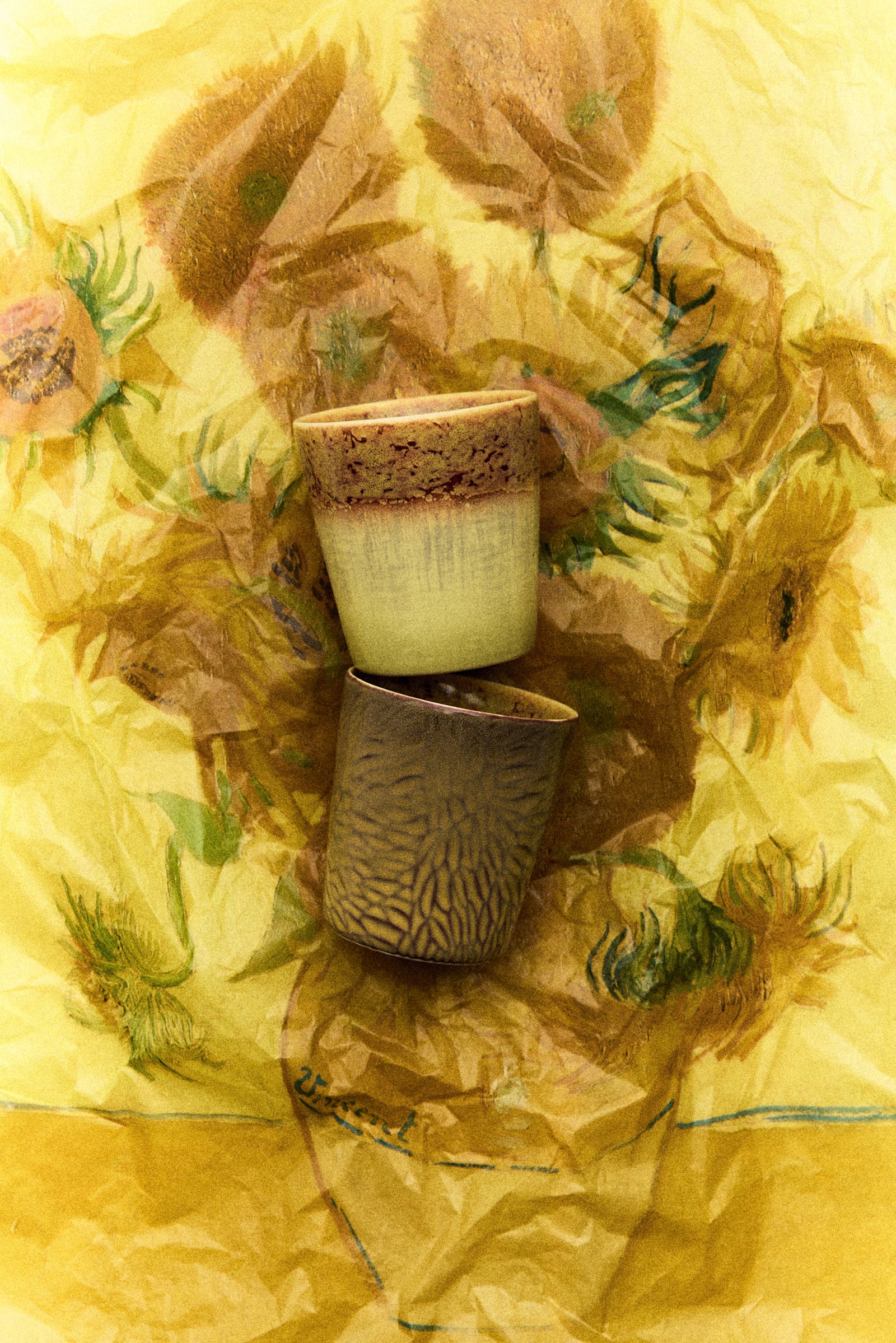 HKLIVING 70s ceramics: Van Gogh coffee mugs sunflowers, set of 2