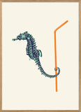 A framed art print featuring a stylized teal seahorse and an orange bent straw on a cream background, enclosed in a light wood frame.