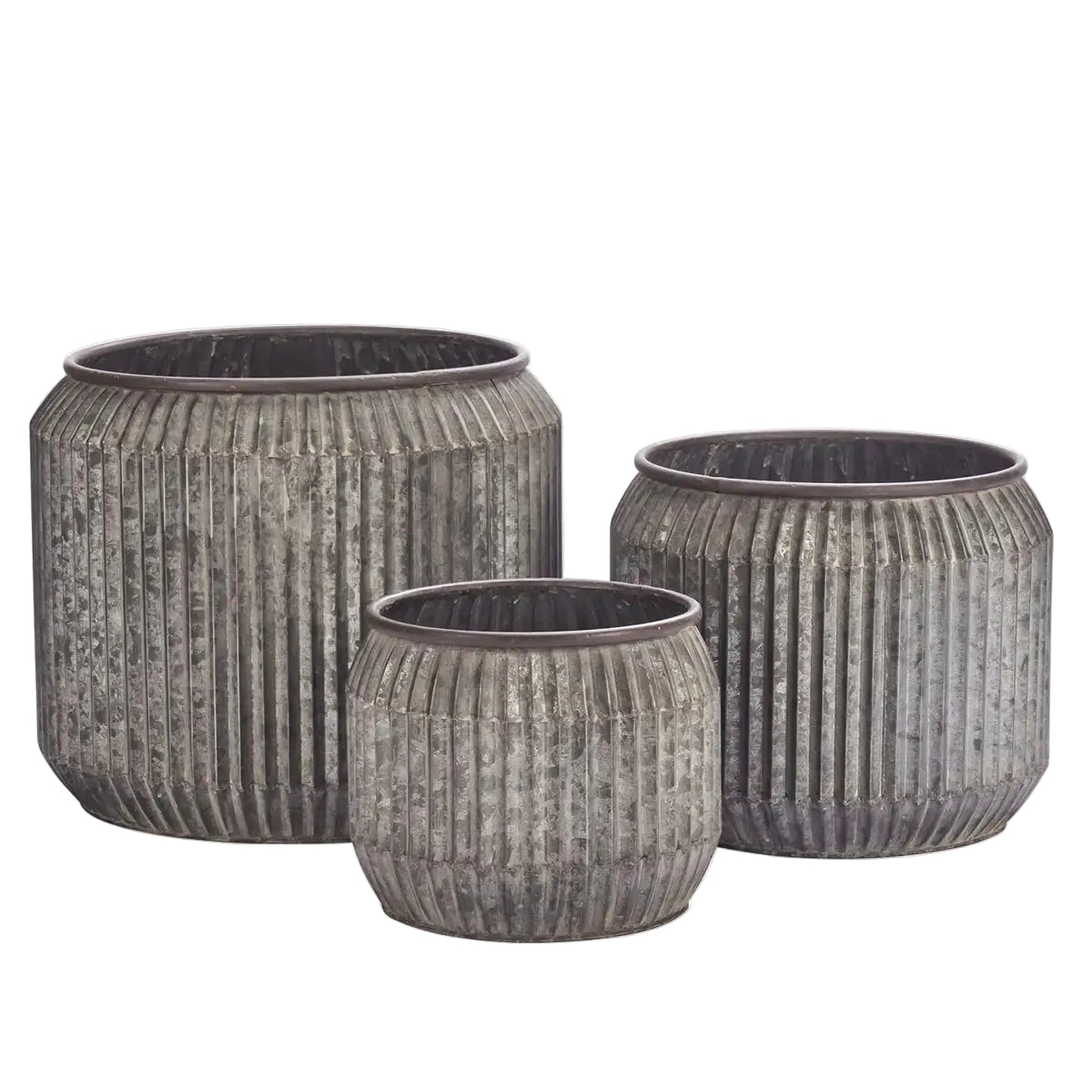 Three ribbed metal planters in graduated sizes with a distressed gray and silver finish, arranged on a light gray background.