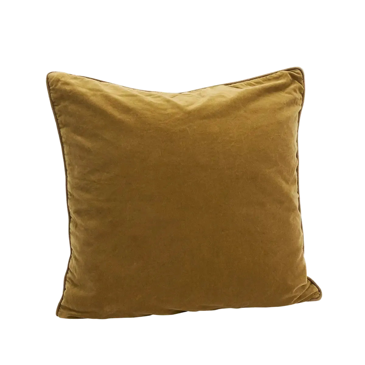 A square throw pillow in a textured mustard yellow velvet fabric, shown against a plain light gray background.