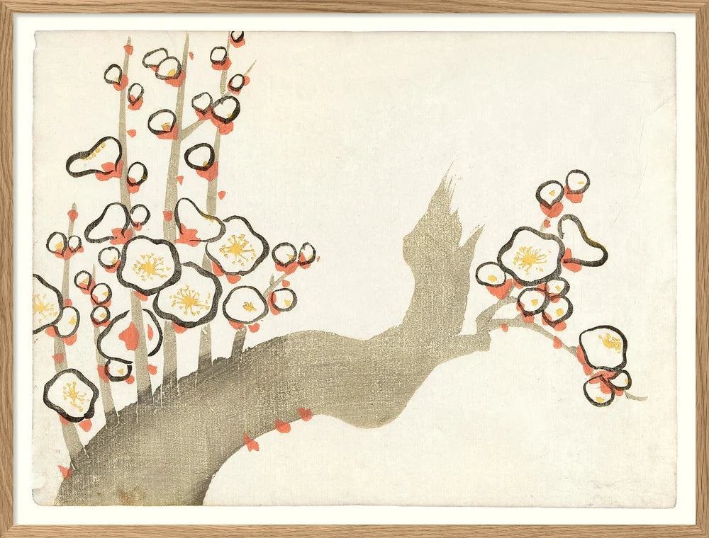 Framed art print featuring a stylized plum blossom branch with cream flowers, black outlines, and small orange-red buds on a textured off-white background.