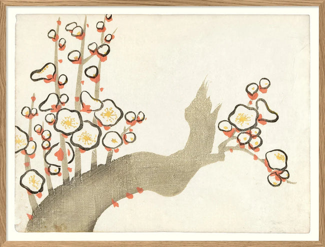 Framed art print featuring a stylized plum blossom branch with cream flowers, black outlines, and small orange-red buds on a textured off-white background.
