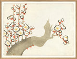 Framed art print featuring a stylized plum blossom branch with cream flowers, black outlines, and small orange-red buds on a textured off-white background.