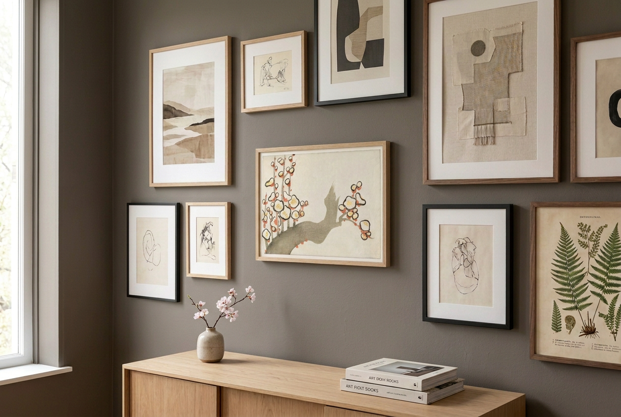 A gallery wall display of framed abstract and botanical art prints in neutral tones, mounted on a dark gray wall above a light wood console table with a vase and books.