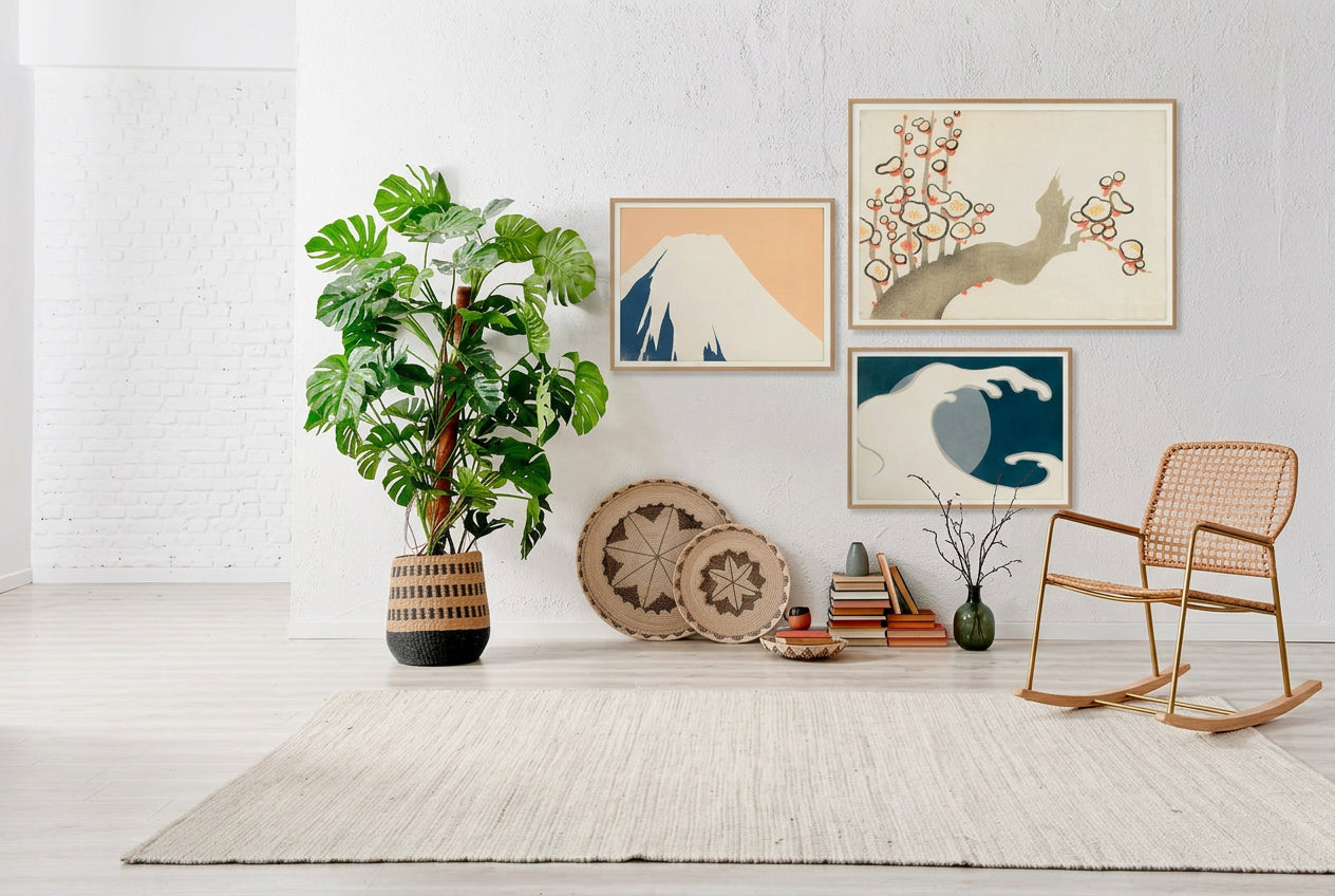 A styled interior scene with framed wall art above a low bench, including a large botanical print, a wave artwork, and smaller abstract pieces, alongside a potted plant, woven decor, books, a rattan chair, and a light rug in a bright room.