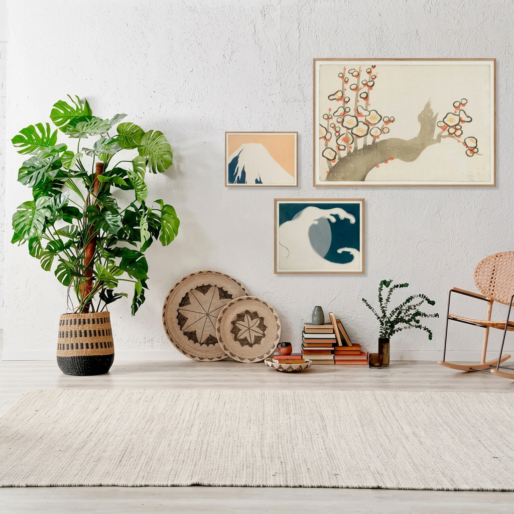 A styled interior scene with a large potted monstera plant on the left, framed wall art above, decorative plates and books, a small vase with greenery, and a wooden rocking chair on the right, all set against a white textured wall and light rug.