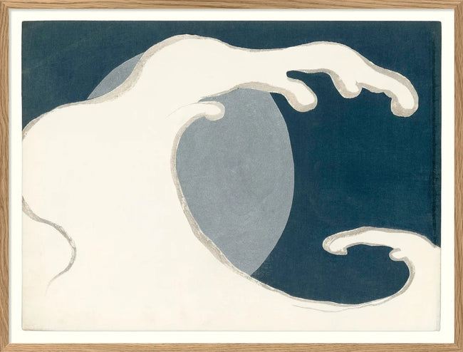 A framed abstract wave artwork with a large cream wave shape against a dark teal-blue background, surrounded by a white mat and light wood frame.