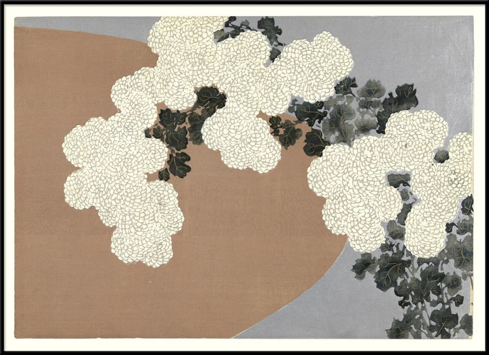 Japanese-style floral art print featuring large white chrysanthemums with dark green leaves on a beige and gray background, framed by a thin black border.