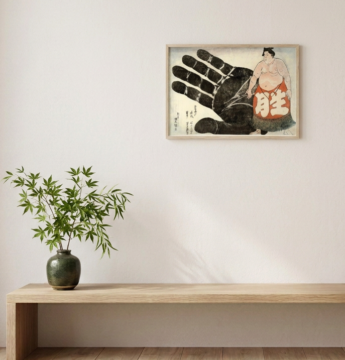 A framed Japanese-style art print featuring a large black hand and a figure with red clothing, displayed on a light beige wall above a wooden bench with a green plant and books.