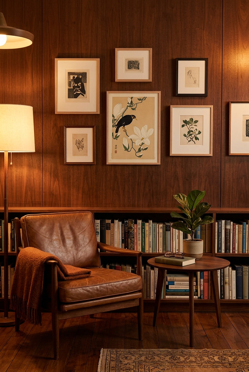 A cozy interior scene with a brown leather armchair, a small round side table with a potted plant, bookshelves, framed botanical and bird artwork on a wood-paneled wall, and warm ambient lighting.