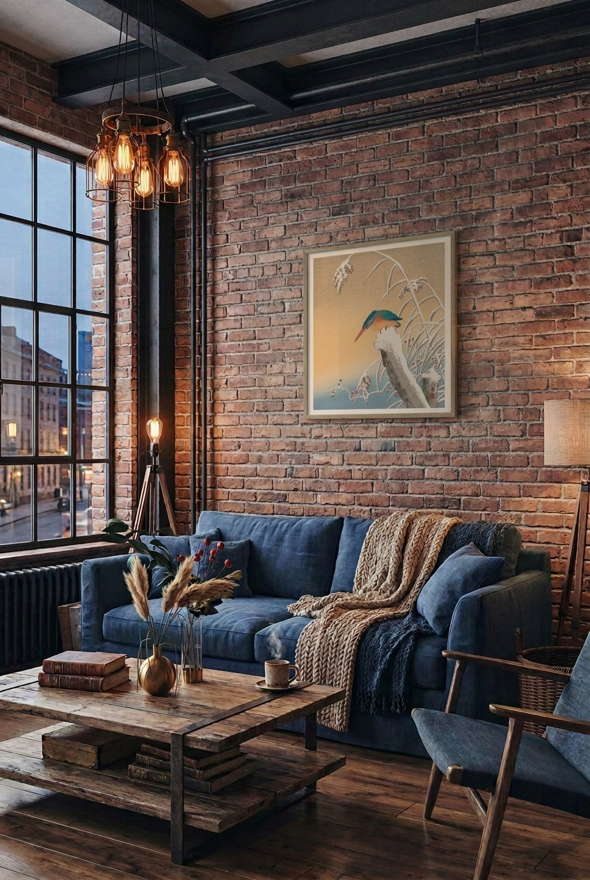 A cozy living room with a blue sofa, rustic wooden coffee table, brick wall, and a framed art print depicting a bird on a branch hanging above the couch.