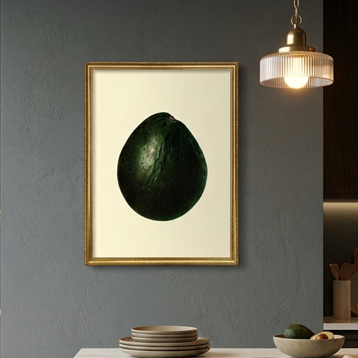 A framed art print featuring a dark green avocado on a cream background, hanging on a dark gray kitchen wall above a wooden island with marble countertop.