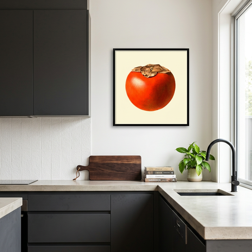 A framed art print of a red persimmon on a cream background, displayed on a white wall in a modern kitchen with dark gray cabinets and light countertops.