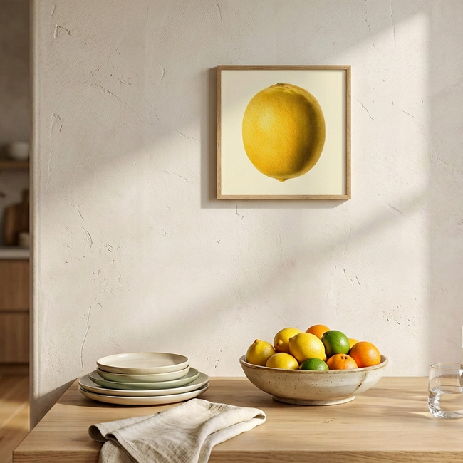 A framed botanical-style illustration of a single yellow lemon on a cream background, surrounded by a light wood frame.