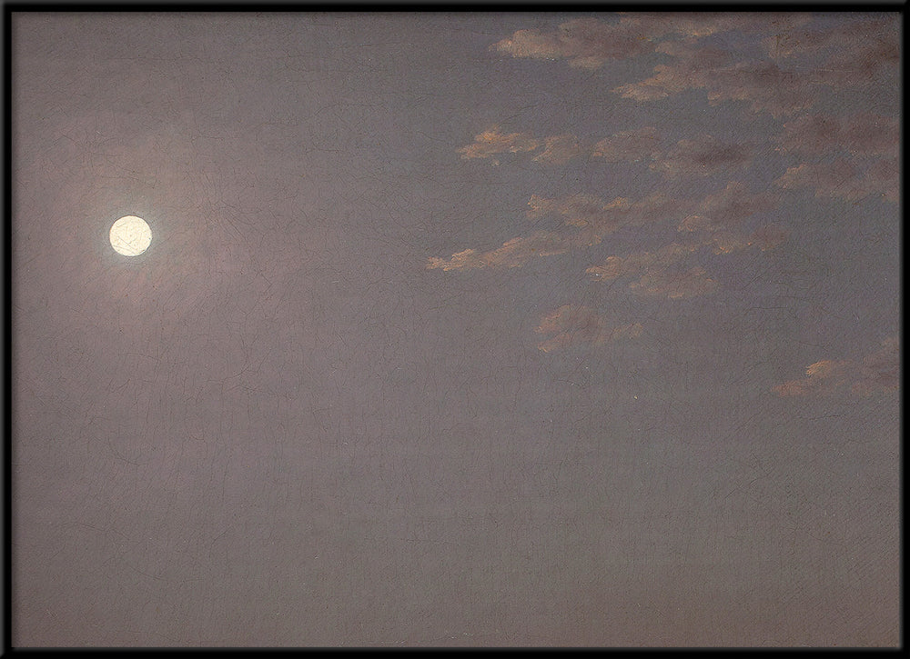 A square framed painting depicting a moonlit sky with a bright full moon on the left and soft clouds on the right against a muted gray-blue background.