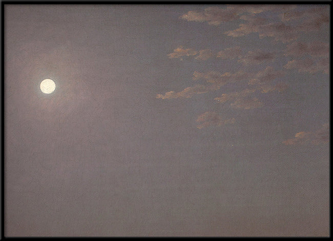 A square framed painting depicting a moonlit sky with a bright full moon on the left and soft clouds on the right against a muted gray-blue background.