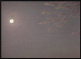 A square framed painting depicting a moonlit sky with a bright full moon on the left and soft clouds on the right against a muted gray-blue background.