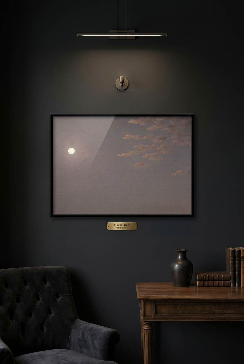 A framed art print depicting a misty landscape with a glowing moon and golden clouds, displayed on a dark wall above a wooden console table and a dark tufted armchair.