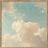A framed art print depicting a soft, impressionistic sky with light blue and beige clouds, enclosed in a light wood frame.