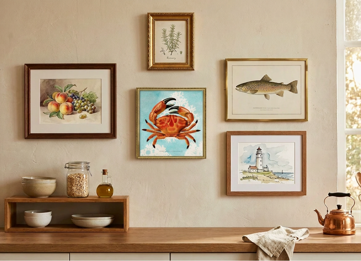 A styled interior wall with five framed art prints in different colors and styles, featuring a central vibrant orange-red crab print, flanked by fish, fruit, and lighthouse prints. Below the frames is a wooden shelf with bowls, a bottle, and a copper kettle on a light wood counter.