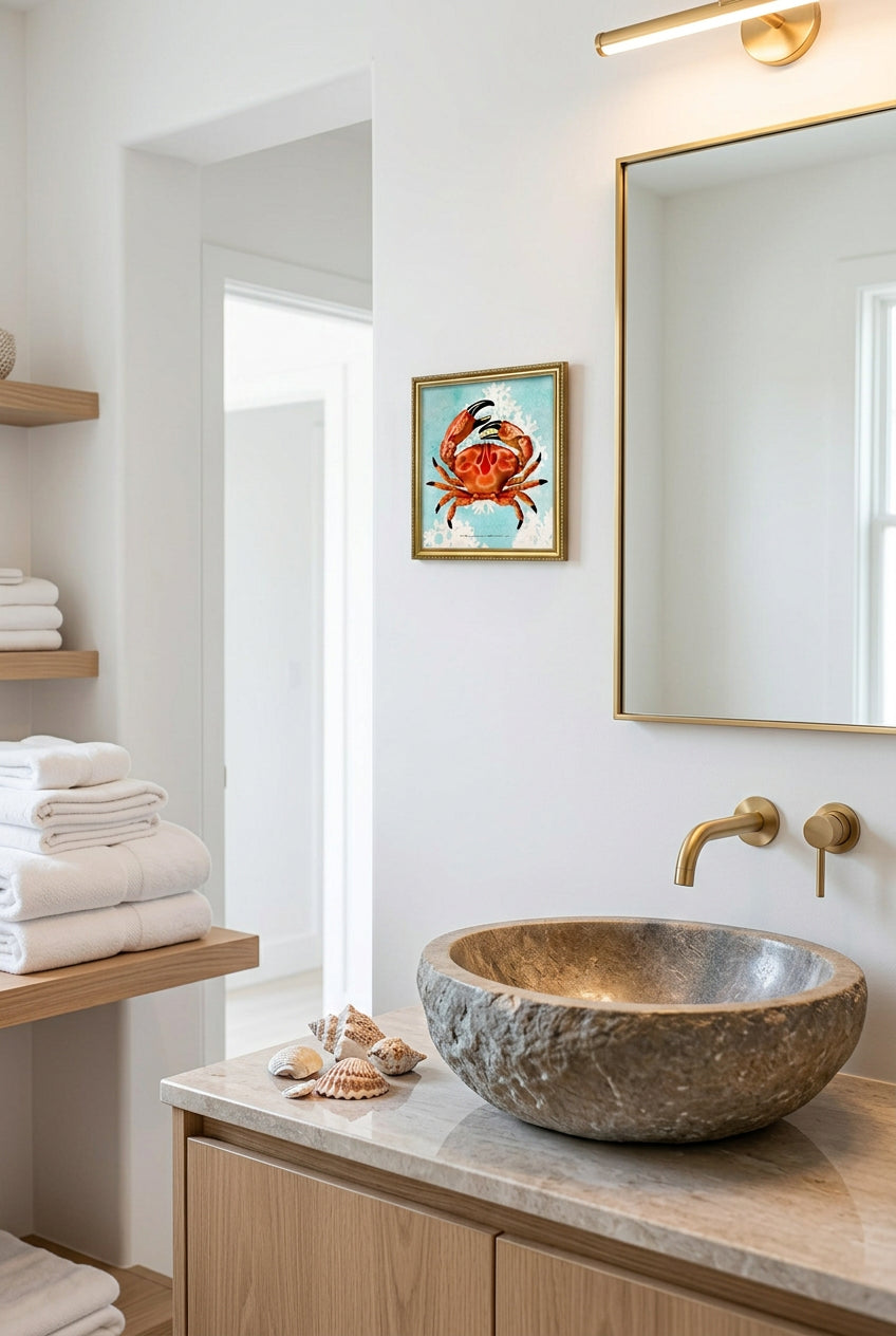 A framed vintage-style illustration of a large red-orange crab on a light blue background with white coral-like shapes. The artwork is enclosed in an ornate gold frame.