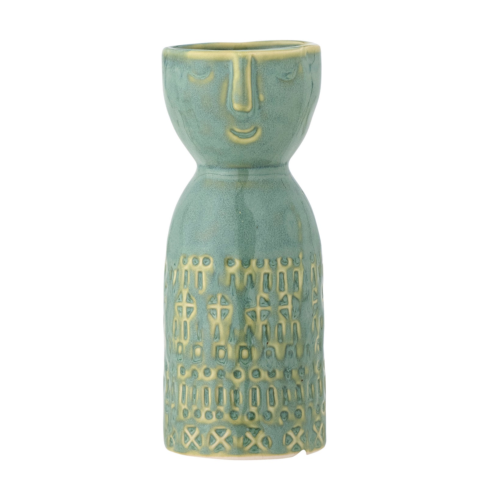 Ceramic vase with face design on a white background