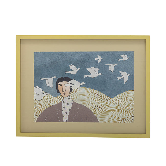 Framed artwork of a person with birds and waves on a blue background