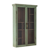 Green wooden cabinet with glass doors on a white background