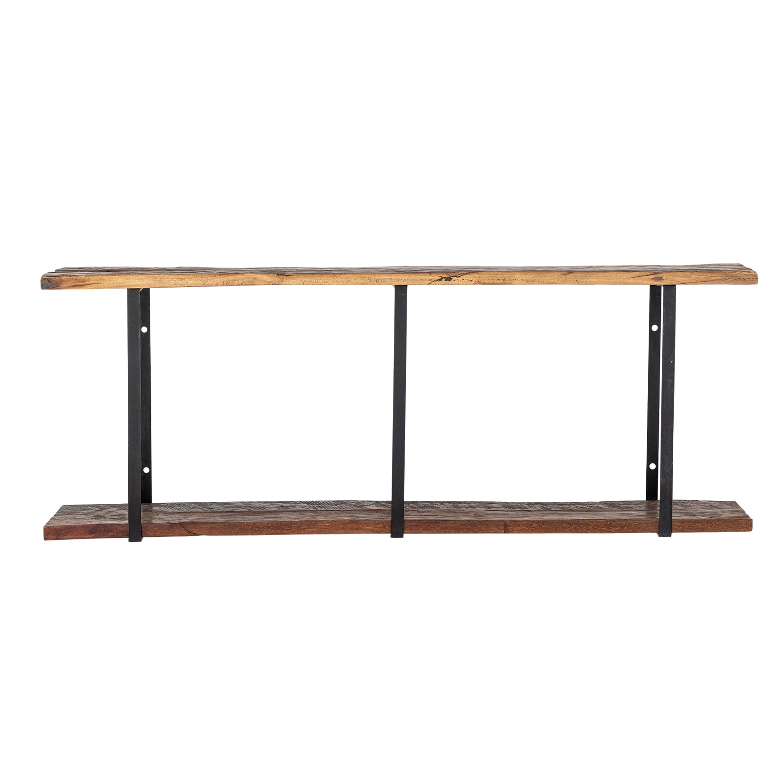 Long wooden table with metal legs on a white background