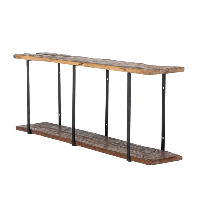 Long wooden shelf with metal brackets on a white background