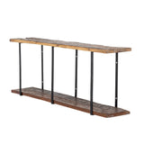 Long wooden shelf with metal brackets on a white background